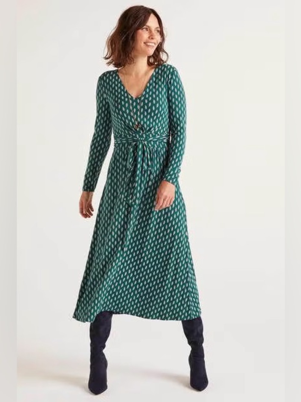 Boden Ferne Leaf Print Jersey Midi Dress Green Long Sleeve US 8R